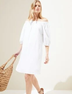 Linen Rich Bardot Knee Length Shift Dress -M&S SD 01 T52 6833 Z0 X EC 1