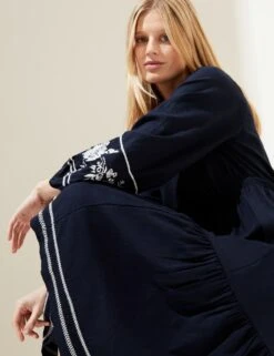 Linen Rich Embroidered V-Neck Midi Dress -M&S SD 01 T52 6841 F0 X EC 3