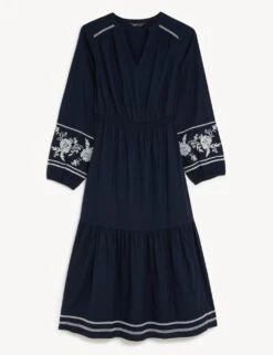 Linen Rich Embroidered V-Neck Midi Dress -M&S SD 01 T52 6841 F0 X EC 90