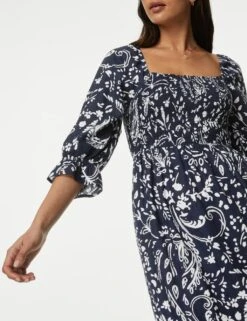 Linen Blend Printed Square Neck Midi Dress 8 Linen Blend Printed Square Neck Midi Dress -M&S SD 01 T52 6849 F4 X EC 1