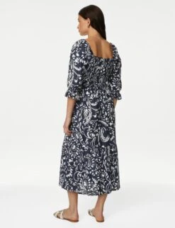Linen Blend Printed Square Neck Midi Dress 9 Linen Blend Printed Square Neck Midi Dress -M&S SD 01 T52 6849 F4 X EC 2