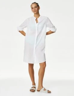 Pure Cotton Collarless Beach Cover Up Shirt -M&S SD 01 T52 7783 Z0 X EC 1