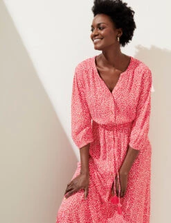 Printed V-Neck Tie Waist Maxi Beach Dress