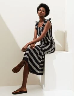 Cotton Rich Striped Midaxi Tiered Dress -M&S SD 01 T52 7953 Y4 X EC 1