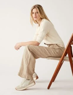 Pure Linen Belted Wide Leg Trousers