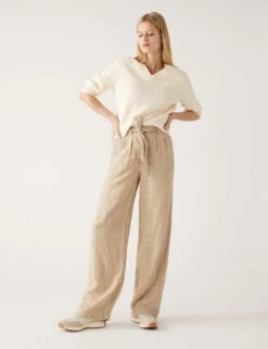Pure Linen Belted Wide Leg Trousers -M&S SD 01 T57 4235 V0 X EC 1
