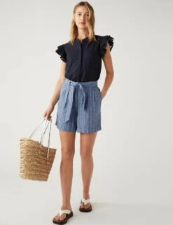 Pure Linen Striped High Waisted Shorts