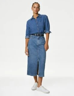 Denim Split Front Midi Skirt