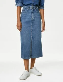 Denim Split Front Midi Skirt -M&S SD 01 T57 9020 QQ X EC 2