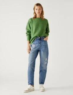 Mom Embroidered Ankle Grazer Jeans