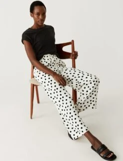 Crepe Polka Dot Wide Leg Cropped Trousers