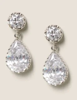 Platinum Plated Cubic Zirconia Pear Drop Earrings