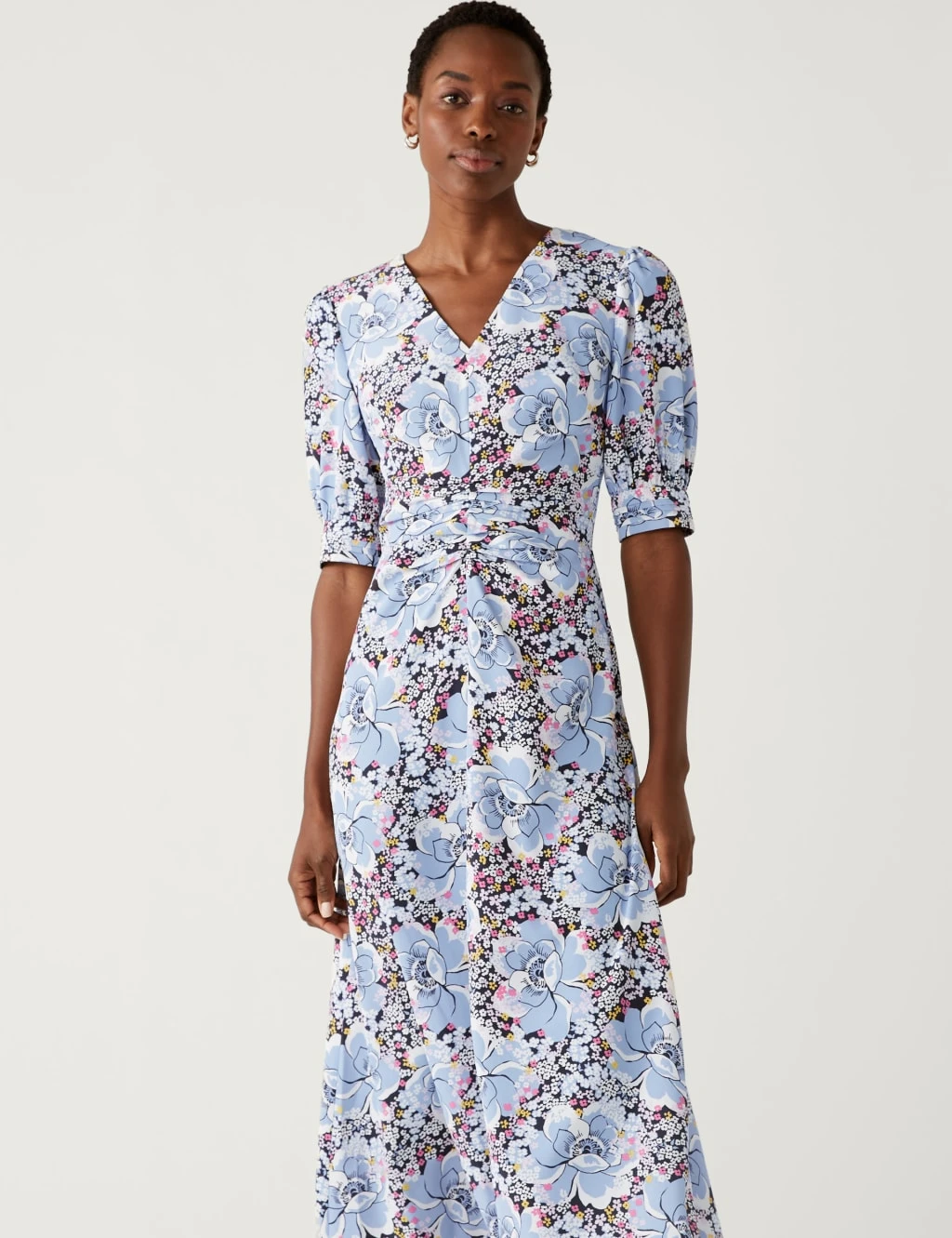 Floral V-Neck Puff Sleeve Midi Tea Dress 3 Floral V-Neck Puff Sleeve Midi Tea Dress