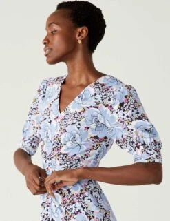 Floral V-Neck Puff Sleeve Midi Tea Dress 11 Floral V-Neck Puff Sleeve Midi Tea Dress -M&S SD 01 T69 1580 E4 X EC 2