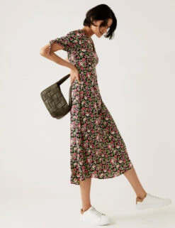 Floral V-Neck Midi Tea Dress