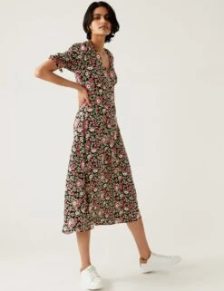 Floral V-Neck Midi Tea Dress -M&S SD 01 T69 1586 ZZ X EC 1