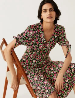 Floral V-Neck Midi Tea Dress -M&S SD 01 T69 1586 ZZ X EC 4