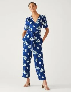 Floral Tie Detail Short Sleeve Jumpsuit -M&S SD 01 T69 1630 E6 X EC 1
