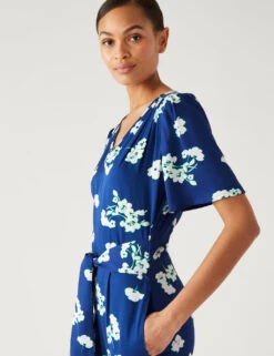 Floral Tie Detail Short Sleeve Jumpsuit -M&S SD 01 T69 1630 E6 X EC 2