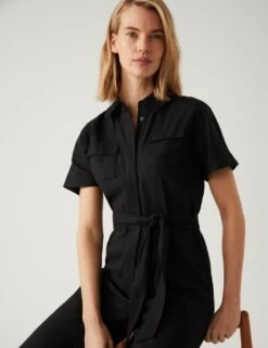 Linen Blend Belted Cropped Jumpsuit