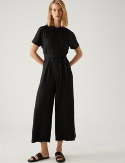 Linen Blend Belted Cropped Jumpsuit -M&S SD 01 T69 1631 Y0 X EC 1
