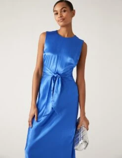 Satin Round Neck Tie Front Midi Tea Dress