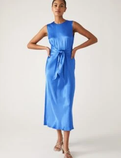 Satin Round Neck Tie Front Midi Tea Dress -M&S SD 01 T69 1636 E3 X EC 1