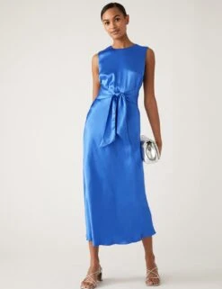 Satin Round Neck Tie Front Midi Tea Dress -M&S SD 01 T69 1636 E3 X EC 2