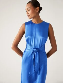 Satin Round Neck Tie Front Midi Tea Dress -M&S SD 01 T69 1636 E3 X EC 3