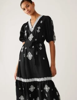 Embroidered V-Neck Midi Tiered Dress -M&S SD 01 T69 1644 Y4 X EC 1