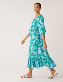 Floral Square Neck Midi Smock Dress