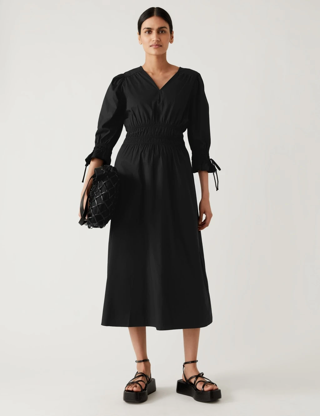 Pure Cotton V-Neck Midaxi Waisted Dress 3 Pure Cotton V-Neck Midaxi Waisted Dress