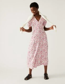 Printed V-Neck Midi Tea Dress