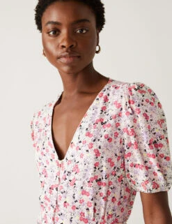 Printed V-Neck Midi Tea Dress -M&S SD 01 T69 1657 A4 X EC 2