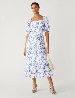 Linen Rich Floral Square Neck Midi Dress -M&S SD 01 T69 1673 Y8 X EC 1