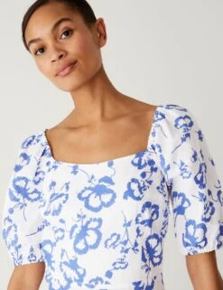 Linen Rich Floral Square Neck Midi Dress -M&S SD 01 T69 1673 Y8 X EC 2