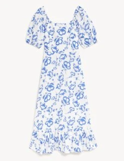 Linen Rich Floral Square Neck Midi Dress -M&S SD 01 T69 1673 Y8 X EC 90