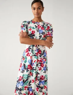 Floral Jacquard Round Neck Midi Tea Dress