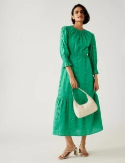 Pure Cotton Broderie Midi Waisted Dress -M&S SD 01 T69 1701 J0 X EC 2