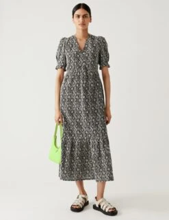 Cotton Rich Floral Embroidered Midi Tea Dress -M&S SD 01 T69 1710 Y4 X EC 1