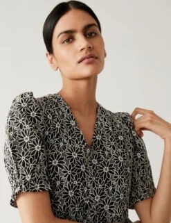 Cotton Rich Floral Embroidered Midi Tea Dress -M&S SD 01 T69 1710 Y4 X EC 2