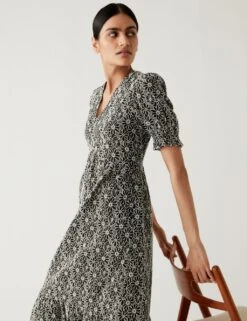 Cotton Rich Floral Embroidered Midi Tea Dress -M&S SD 01 T69 1710 Y4 X EC 4