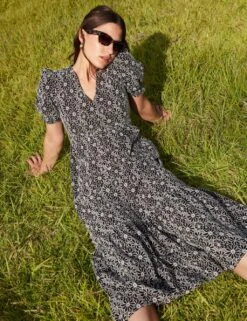 Cotton Rich Floral Embroidered Midi Tea Dress -M&S SD 01 T69 1710 Y4 X EC 5