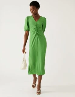 V-Neck Ruched Midi Tea Dress