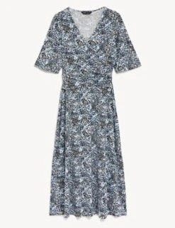 Jersey Printed V-Neck Midi Wrap Dress 8 Jersey Printed V-Neck Midi Wrap Dress -M&S SD 01 T69 1804 ZZ X EC 90