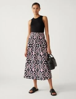 Pure Cotton Geometric Midaxi A-Line Skirt
