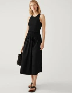 Pure Cotton Shirred Midaxi Skater Skirt