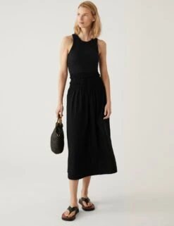 Pure Cotton Shirred Midaxi Skater Skirt -M&S SD 01 T69 3366 Y0 X EC 1