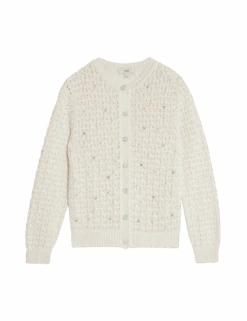 Cotton Blend Embellished Crew Neck Cardigan -M&S cotton blend embellished crew neck cardigan