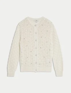 Cotton Blend Embellished Crew Neck Cardigan -M&S cotton blend embellished crew neck cardigan 7